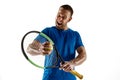 Tennis player crouching down looking defeated and sad Royalty Free Stock Photo