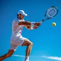 Tennis player executing a backhand stroke, mid-action, dynamic angle under clear skies, focused intensity, ultra HD