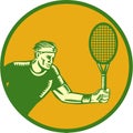 Tennis Player Forehand Circle Woodcut