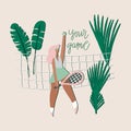 Tennis player girl. Woman with racket, net, palm leaves and freehand drawn phrase : your game. Stylized vector