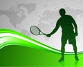 Tennis Player on Green Abstract Background with World Map