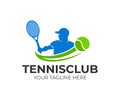 Tennis and tennis player hits the ball with a tennis racket, logo template. Active sport and tennis tournament, championship, vect