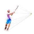Tennis player low poly vector illustration. Isolated adult man in white shirt and blue shorts playing tennis. Individual summer