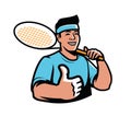 Tennis player with racket emblem. Sport symbol vector illustration