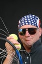 tennis player with racket loose strings Royalty Free Stock Photo