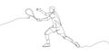 Tennis player with racket, racquet one line art. Continuous line drawing hit the ball, competition, sport, male athlete Royalty Free Stock Photo
