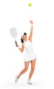 Tennis player with racket in sports costume. Woman athlete playing isolated on white background. Royalty Free Stock Photo