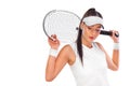 Tennis player with racket in white costume. Woman athlete playing isolated on white background. Royalty Free Stock Photo