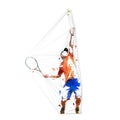 Tennis player serving ball, low poly vector illustration. Geometric man playing tennis. Individual summer sport. Active people Royalty Free Stock Photo