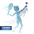 Tennis Player Silhouette Vector. Halftone Dots. Dynamic Tennis Athlete In Action. Flying Dotted Particles. Sport Banner