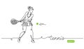 Tennis player simple vector background, banner, poster with woman, racket and ball. One line drawing art illustration of Royalty Free Stock Photo