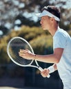 Tennis player, sports game and Asian man training for sport competition on court, motivation for fitness exercise and Royalty Free Stock Photo