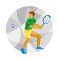 Tennis player swinging racket on mosaic background.