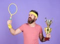 Tennis player win championship. Man bearded successful athlete. First place. Sport achievement. Tennis champion. Win Royalty Free Stock Photo