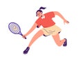 Tennis player. Woman athlete playing tenis, court game, sport. Girl character hitting ball with racket, exercising