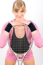 Tennis player woman young smiling leaning racket Royalty Free Stock Photo