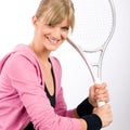 Tennis player woman young smiling serve racket Royalty Free Stock Photo