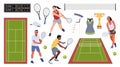 Tennis players and game elements. Sports accessories, athletes with rackets in dynamic poses, court, scoreboard and Royalty Free Stock Photo