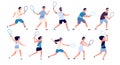 Tennis players. Man and woman holding racket and hitting ball playing tennis. Isolated cartoon vector characters set Royalty Free Stock Photo