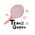 Tennis Queen pink tennis racquet and ball doodle style flat illustration.