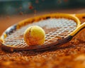 Tennis racket and ball on a clay court
