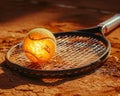 Tennis racket and ball on a clay court