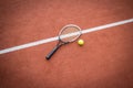 Tennis racket and ball on court Royalty Free Stock Photo