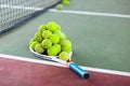 Tennis racket and ball on court after game Royalty Free Stock Photo