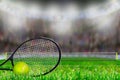 Tennis Racket and Ball on Grass Court With Copy Space Royalty Free Stock Photo