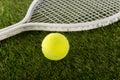 Tennis racket and ball on green grass Royalty Free Stock Photo