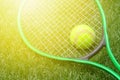 Tennis racket and ball on green grass Royalty Free Stock Photo