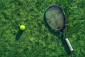 Tennis racket and ball on green grass. Royalty Free Stock Photo