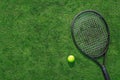 Tennis racket and ball on green grass. Royalty Free Stock Photo