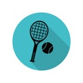 Tennis racket and ball long shadow icon. Simple glyph, flat vector of arrow icons for ui and ux, website or mobile application Royalty Free Stock Photo