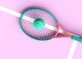 Tennis racket and ball on pink background