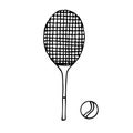 Tennis racket and ball vector illustration, hand drawing doodle Royalty Free Stock Photo