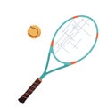 Tennis racket with ball vector illustration isolated on white background. Sport equipment for game, match, competition Royalty Free Stock Photo