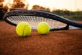 Tennis racket with balls on clay