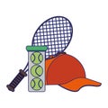 Tennis racket balls and hat Royalty Free Stock Photo