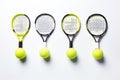 Tennis racket and balls isolated on white background. Top view, Tennis balls on a rackets on different positions, white background Royalty Free Stock Photo