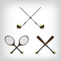 Tennis racket golf stick and baseball bat illustration