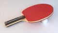 Tennis Racket With a Ping-Pong Ball on a Soft White Studio Background.