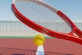 Tennis racket and sports ball in flight against the backdrop of the court net. Royalty Free Stock Photo