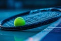 A tennis racket with a tennis ball balanced on top of it, ready for a game, A detailed close-up of a tennis racquet and neon