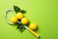 A tennis racket and three lemons resting on a vibrant green background, Spring sport composition with yellow tennis ball and