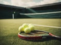 A tennis racket and three tennis balls Royalty Free Stock Photo