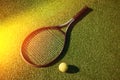 Tennis racket and yellow ball on the court with green grass and sunlight Royalty Free Stock Photo