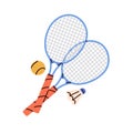 Tennis rackets, ball, badminton shuttlecock. Crossed racquets, sport game equipment, supplies for playing tenis. Flat