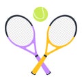 Tennis rackets and a ball. Tennis and ball icon in fashionable flat style, highlighted on a white background. A sports Royalty Free Stock Photo