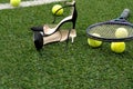 Tennis rackets, balls and shoes Royalty Free Stock Photo